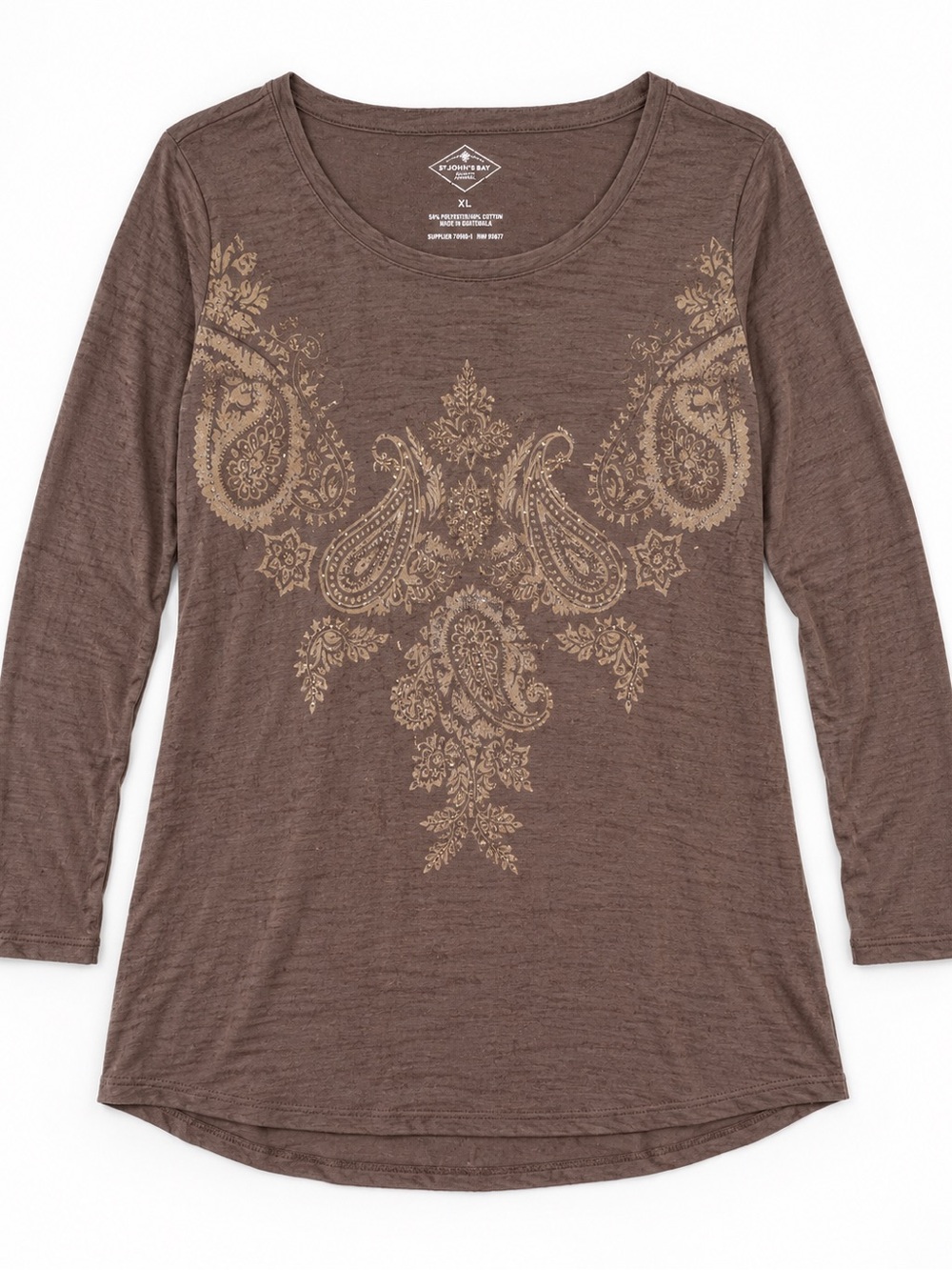 St. John’s Bay XL Brown Paisley Embellished Boho Long Sleeve Top